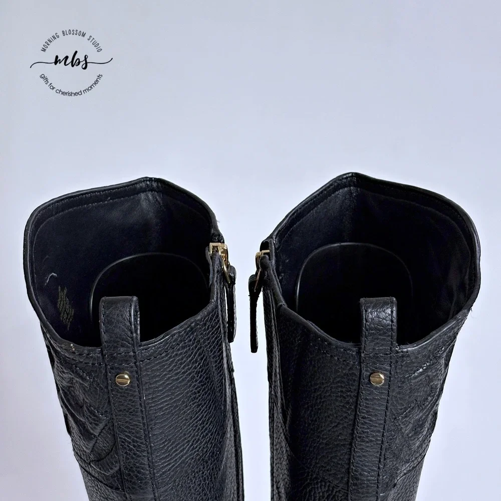 NWOT Tory Burch Thea Riding Boots Equestrian Leather Zip‎ Buckle Black Women 6.5